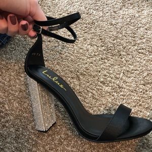 BLACK RHINESTONE SATIN CHUNKY HEELS (never worn)